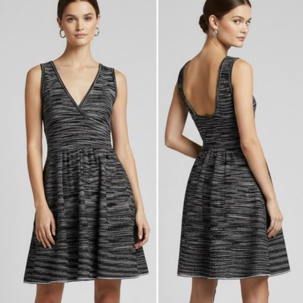 M Missoni Space Dye V-Neck Pleated A-Line Mini Dress Black White Size 38 US XS